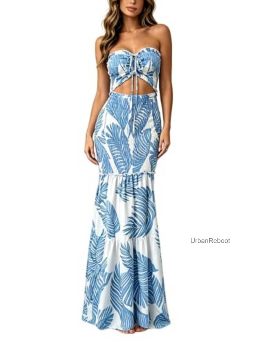 Floral Bandeau Prom Dress Tie Front Ruched Mermaid Hem Party Wedding